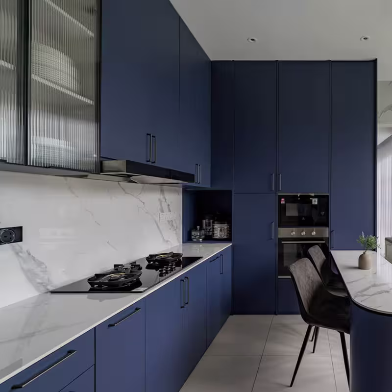 blue membrane modular kitchen mangalore Blue membrane modular kitchen in mangalore executed by black pebble designs