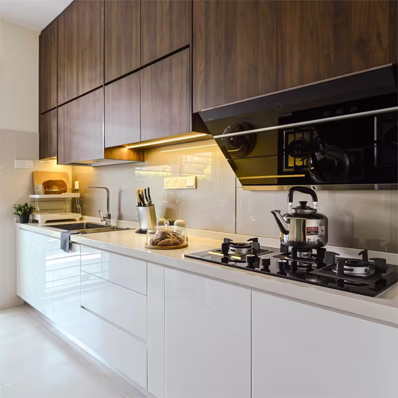 mangalore modular kitchen white wood Mangalore modular kitchen in white and wood finish designed by black pebble designs