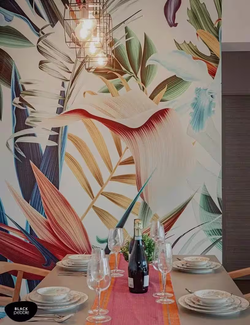Tropical wallpaper in dining room at Kottara, mangalore designed by black pebble designs